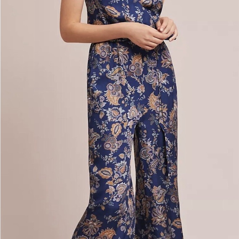 Anthropologie Ett:twa Women's Blue Paisley Belted Wide Leg Jumpsuit Size S